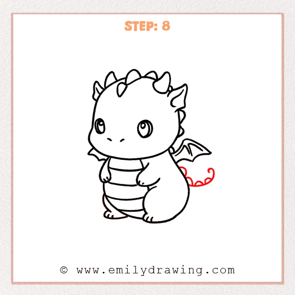 how to draw a baby dragon - Step 8: A row of small spikes is added along the baby dragon’s back, following the body curve.